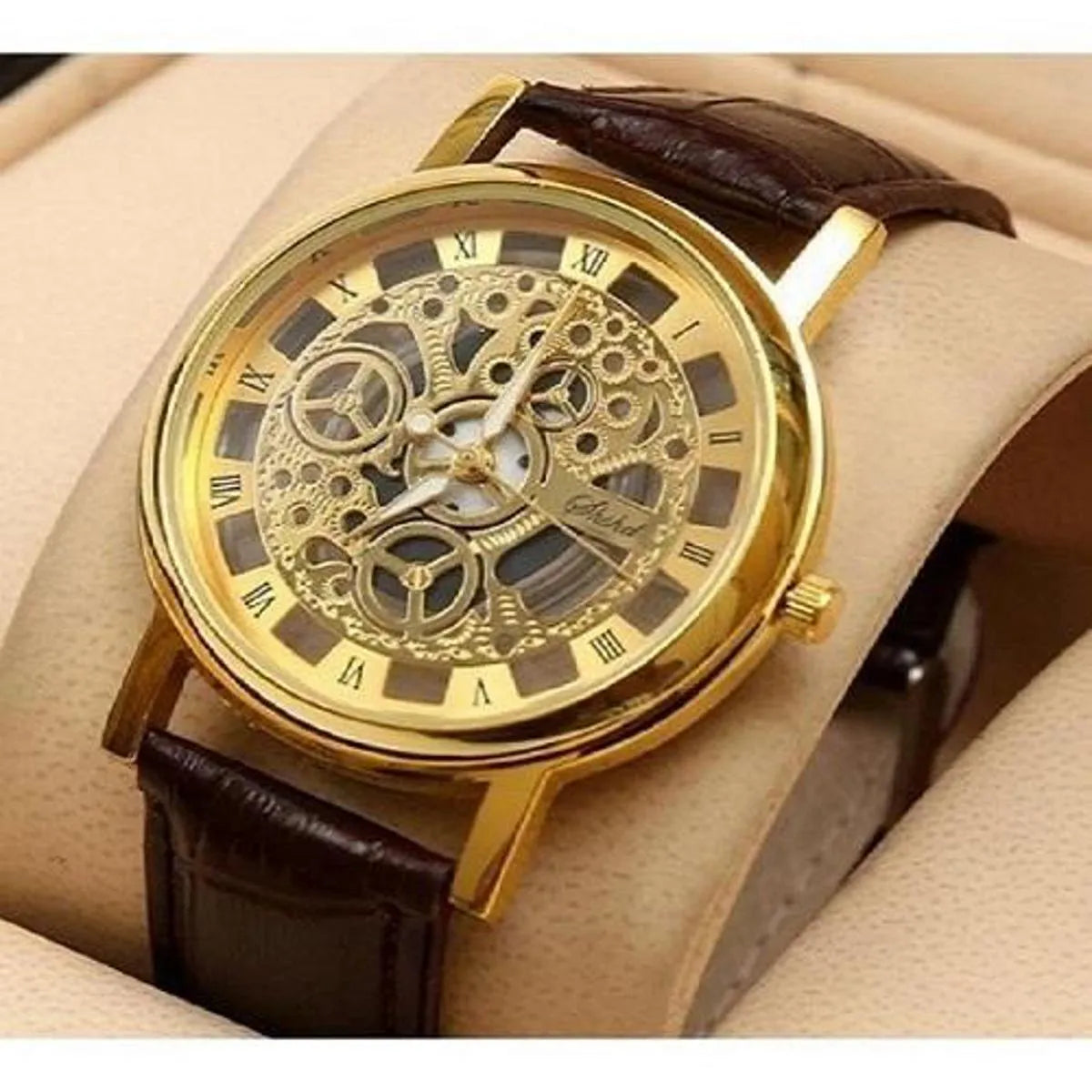 Brown Leather Skeleton Watches for Men