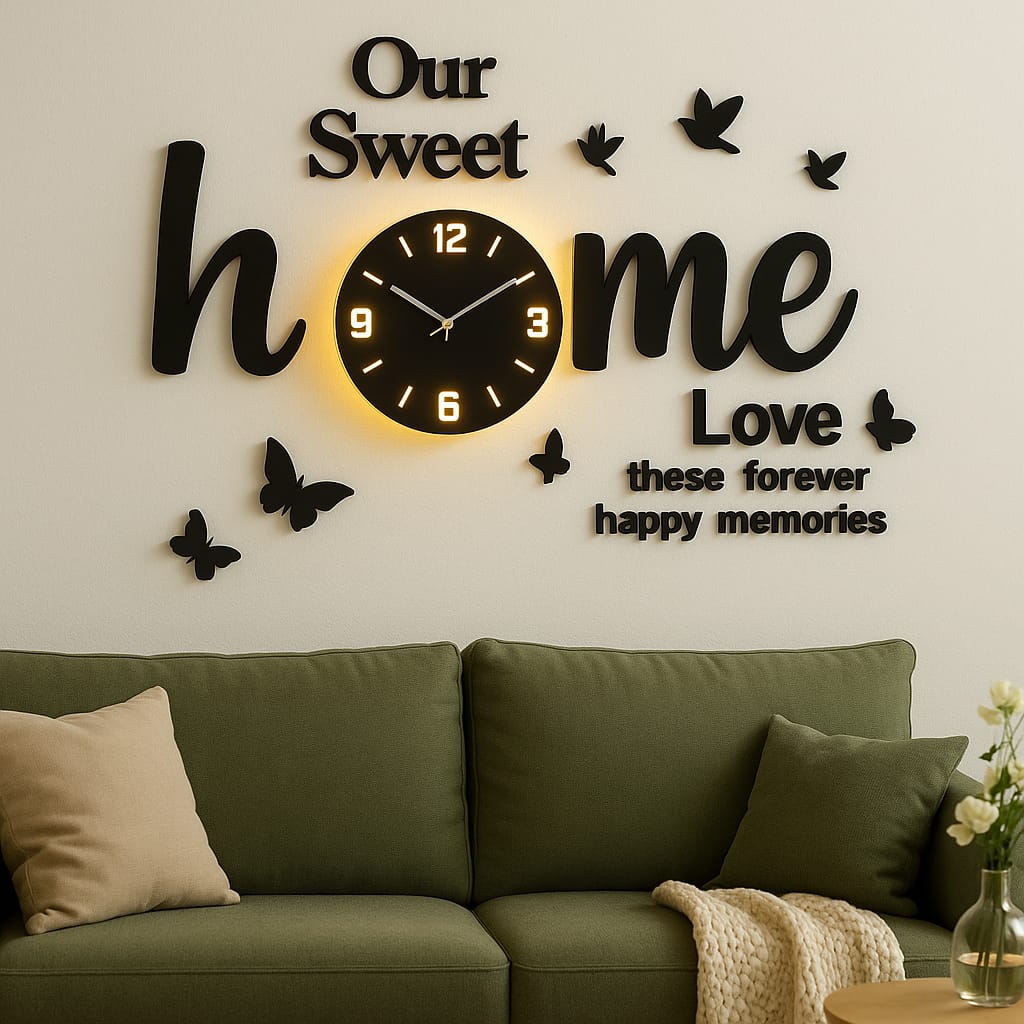 ZF Welcome to Our Sweet Home Wooden Clock 3D Quartz Watch DIY Design Decoration Piece for Home Decor Living Room | Premium 3D