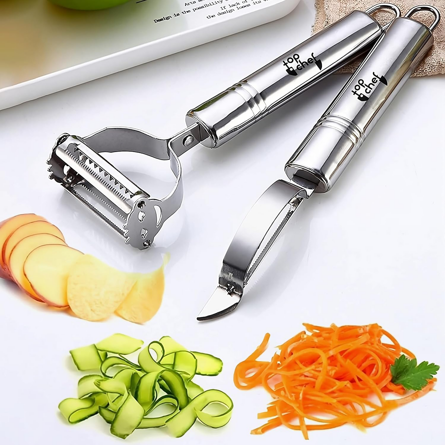 Vegetable Peeler，Stainless Steel 2 in 1 Julienne Vegetable Peeler Perfect for Carrot Potato Melon Gadget Vegetable Fruit